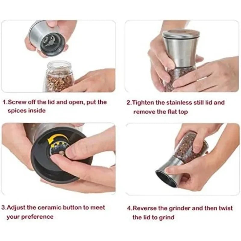 Salt and Pepper Grinder Set , Salt and Pepper Grinder Set, Stainless Steel and Glass Body Shakers, Adjustable Coarseness  2 Pack