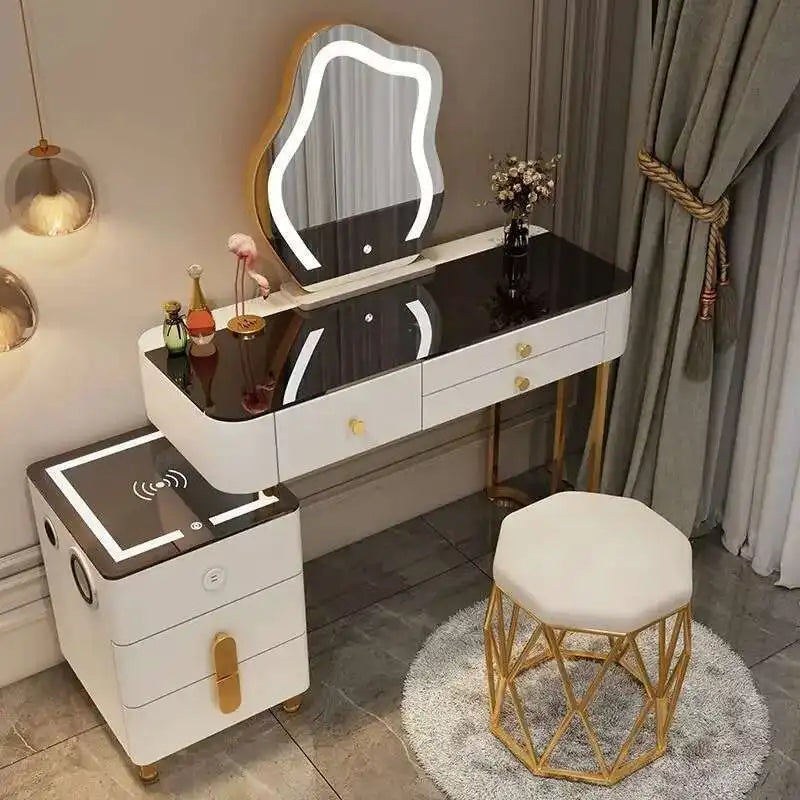 Luxury Glass Dressing Table with Smart Wireless Charging Bedroom Vanity Nightstand Makeup Table Drawers with Led Mirror Dresser