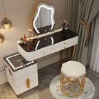 Luxury Glass Dressing Table with Smart Wireless Charging Bedroom Vanity Nightstand Makeup Table Drawers with Led Mirror Dresser
