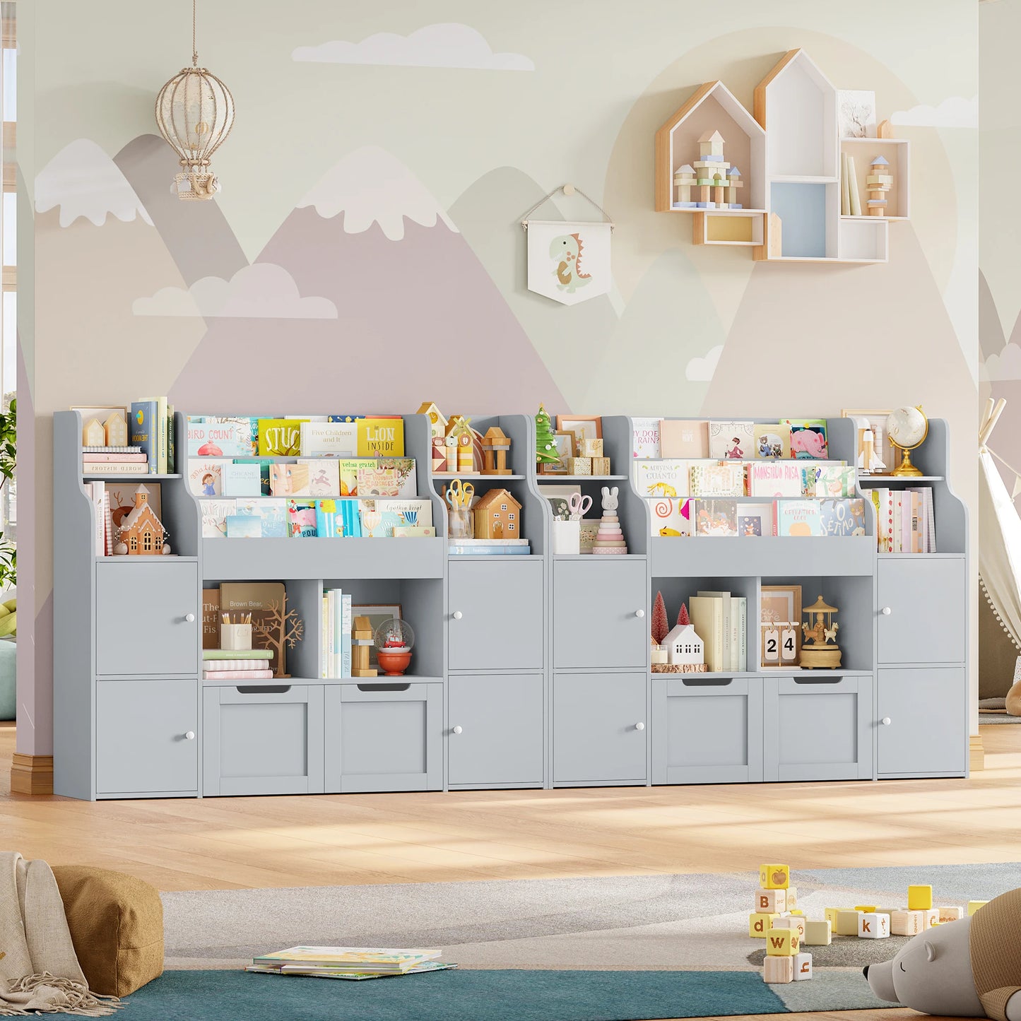 Getone CHILDREN'S room, children's shelf furniture, toys chest, Bookcase, CHILDREN'S wardrobe with 13 shelves 2 doors 2 drawers 122x30x100cm