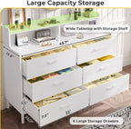 White Dresser for Bedroom with 6 Drawers and Storage Shelves, Wide Chest of Drawers with Sturdy Steel Legs, Large Wooden Storage