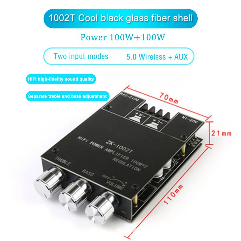 ZK-1002T CS8673E Bluetooth 5.0 HIFI 2.0 Channel Power Audio Stereo Amplifier Board 2*100W Module TREBLE Bass Note Tuning AMP