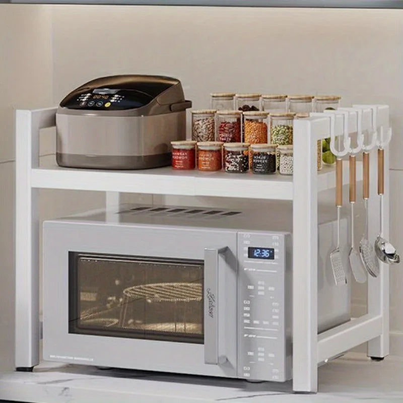 Heavy Duty Adjustable 2 Tier Metal Kitchen Rack Open Storage Shelf For Microwave Oven Organize Spices Utensils Cookware
