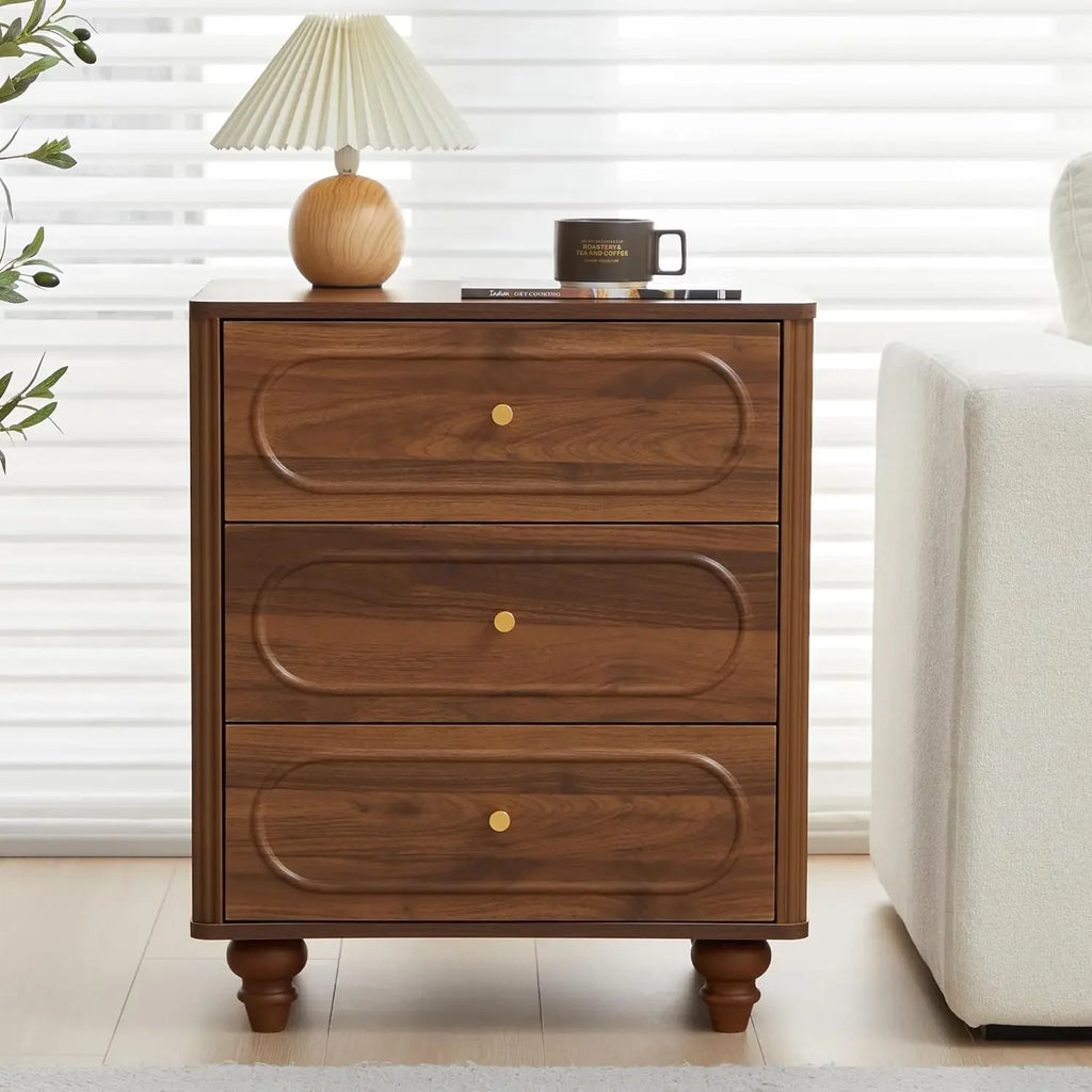 3 Drawer Fluted Dresser for Bedroom Set of 2, Mid Century Modern Chest of Drawers, Wood Storage Small Dresser Organizer , Walnut