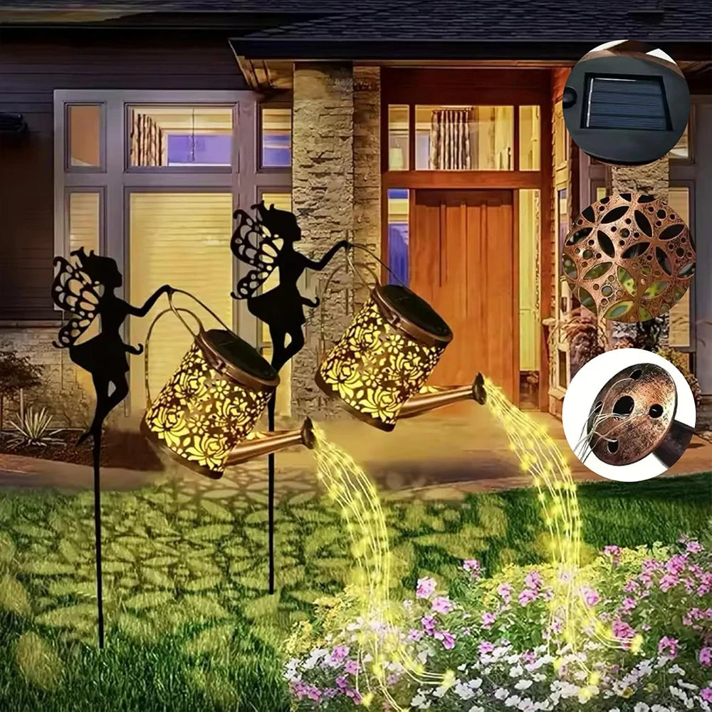 Solar Fairy Watering Can Lights Vintage Metal Garden Decor Outdoor Solar Hanging Kettle Light Waterproof Villa Yard Decoration