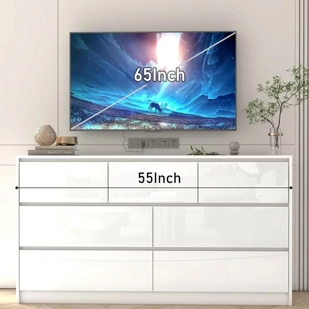 White Malm Dresser for Bedroom, 55 Inch Long Dresser High Gloss Dresser with 7 Drawers, Modern Large Wood Chest , White