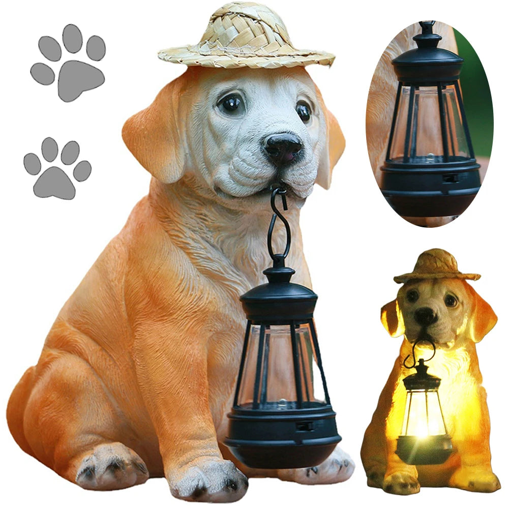 Resin Garden Dog Statues with Straw Hat and Solar LED Lantern Adorable Dog Figurines Puppy Decorations Dog Statue Outdoor Decor