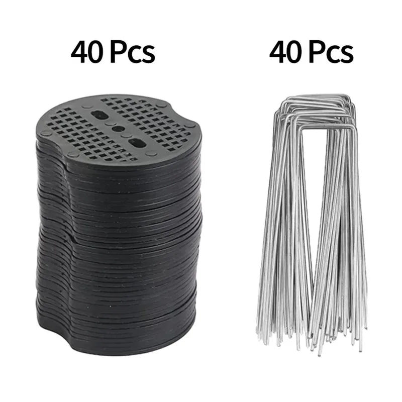40PCS Garden Pegs U-shaped Ground Pegs Heavy Duty Metal Pins Spikes Ground Staple with 30pcs Buffer Washers for Securing Weed