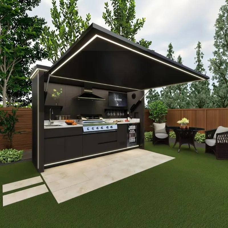 Custom Outdoor Kitchen Island with Fridge Cabinet Stainless Steel BBQ Grill Station Waterproof Patio Bar Island
