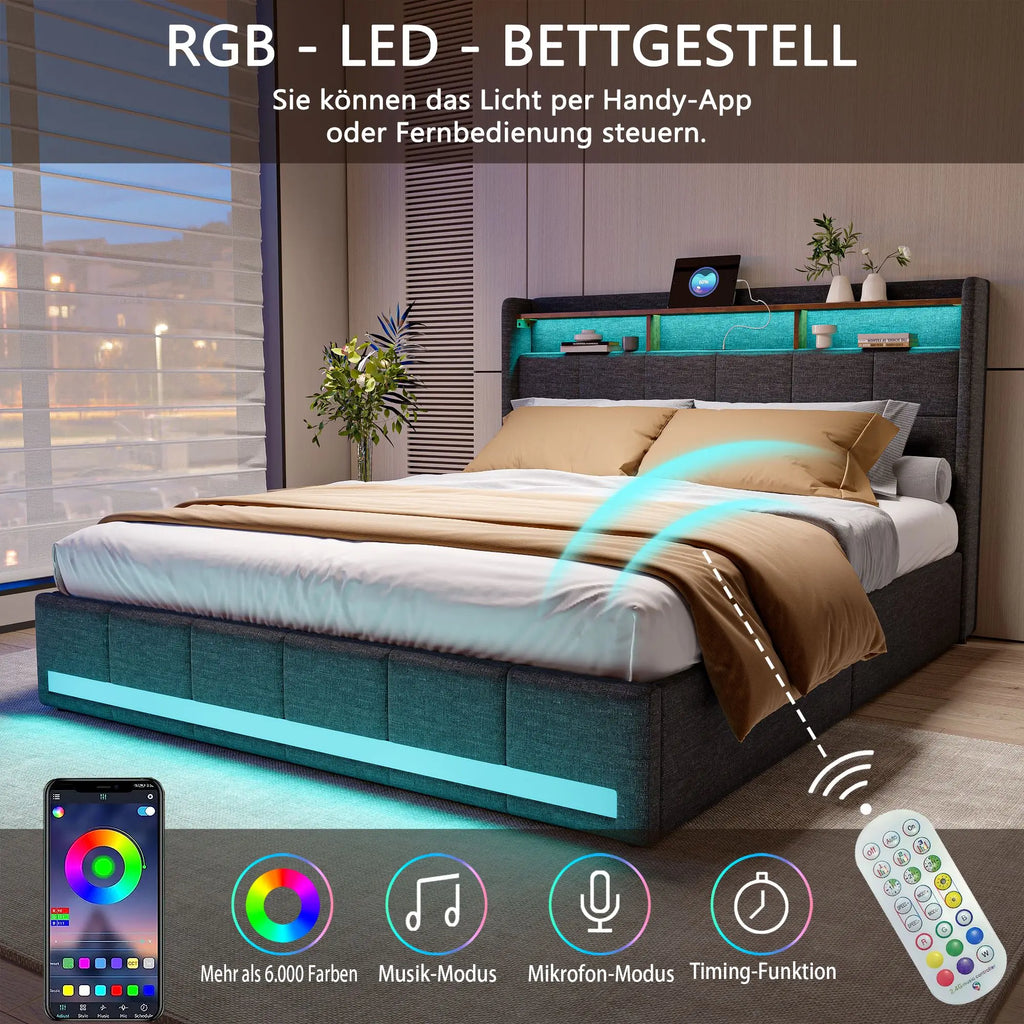 Creahappy Twin Bed Frame - Upholstered bed in grey - With USB charging port - With LED lighting - Storage drawers on both sides