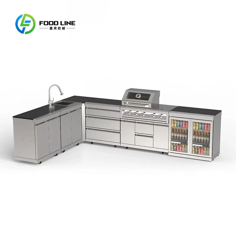 Customized Outdoor Kitchen Cabinet with Gas & Charcoal BBQ Grills 304 Stainless Steel Outdoor Kitchen Island Premium Modular