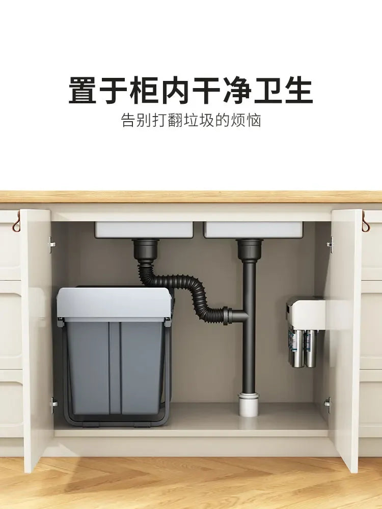 Kitchen embedded trash can cabinet food waste double bucket classification household with lid pull basket hidden cleaning bucket