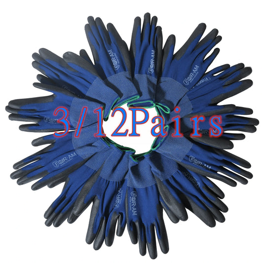3/12Pairs Ultra-Thin PU Coated Outdoor Work Gloves for Men women.Nylon Ultra-Soft Lightweight Fitting Glove Lightweight Fitting
