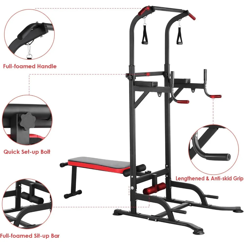 Power Tower with Bench, Pull Up Bar Stand, Dip Bar w/Folding Bench 4 Ropes Strength Training, Multi-Function - HOME