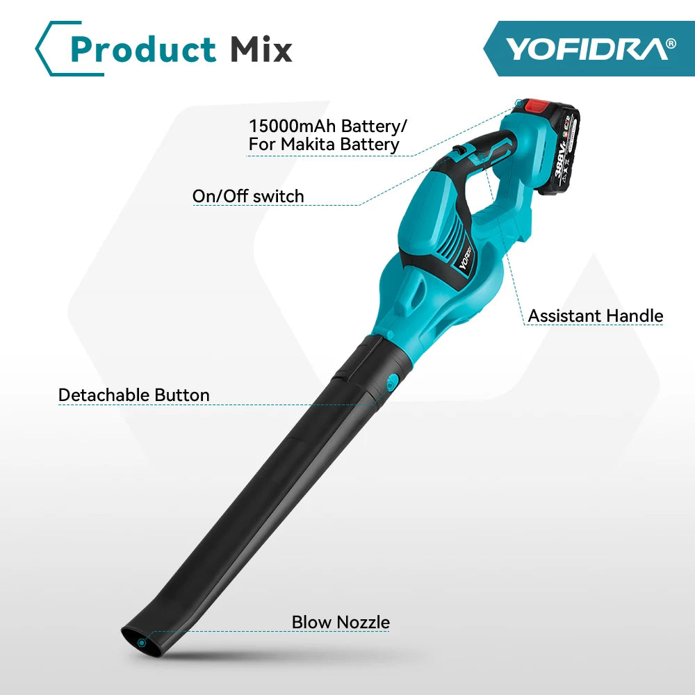 Yofidra Cordless Electric Blower with 1/2 Battery Leaf Blower Snow Dust Blower Garden Power Tool For Makita 18V Battery Pin