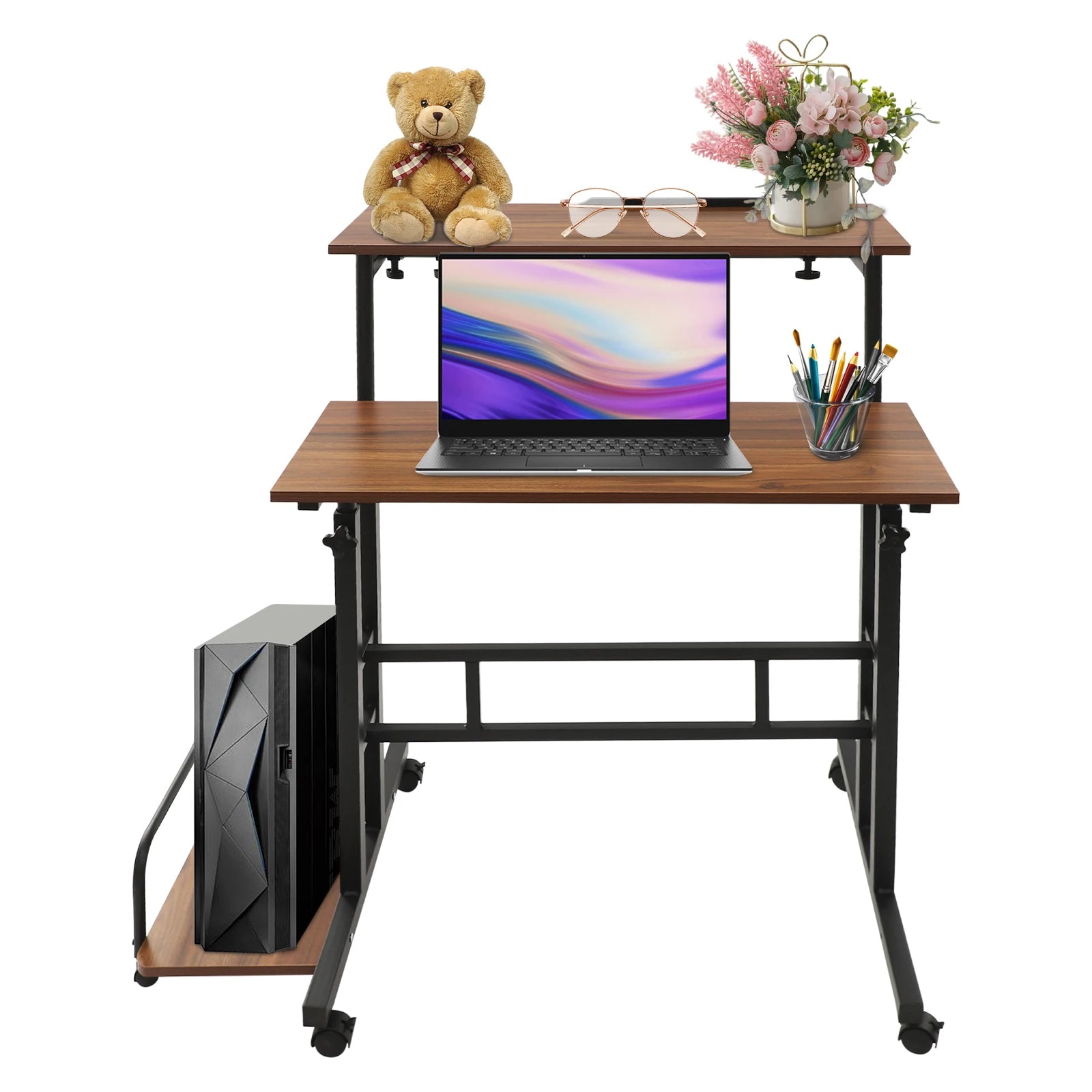 Height Adjustable 67-115CM Double Board Foldable Small Desk, Simple Office Multifunctional Computer Desk, Walnut Color