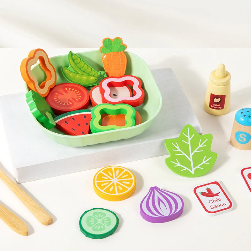 Wooden Kitchen Pretend Play Toy Simulation Wood Food Vegetable Salad Early Learning Chef Simulation Cooking Educational Toys