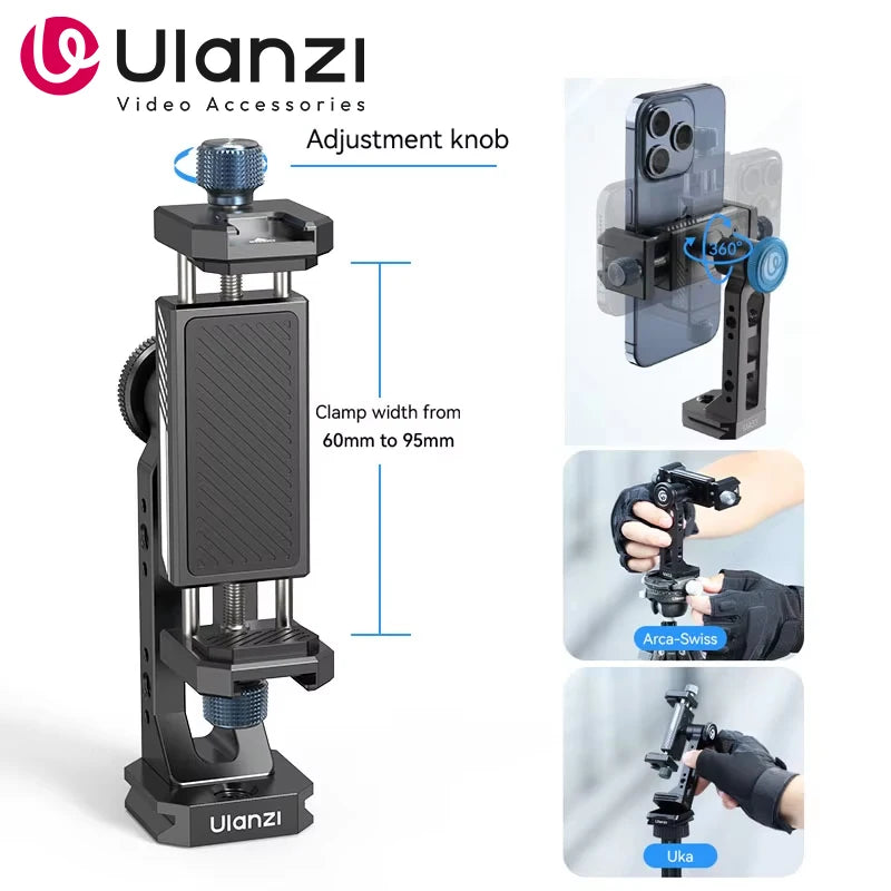 Ulanzi MA53 360 Rotation Metal Phone Holder Tripod Mount Cold Shoe Uka Arca Mount Clip Clamp with 60-95mm Width for Living Vlog