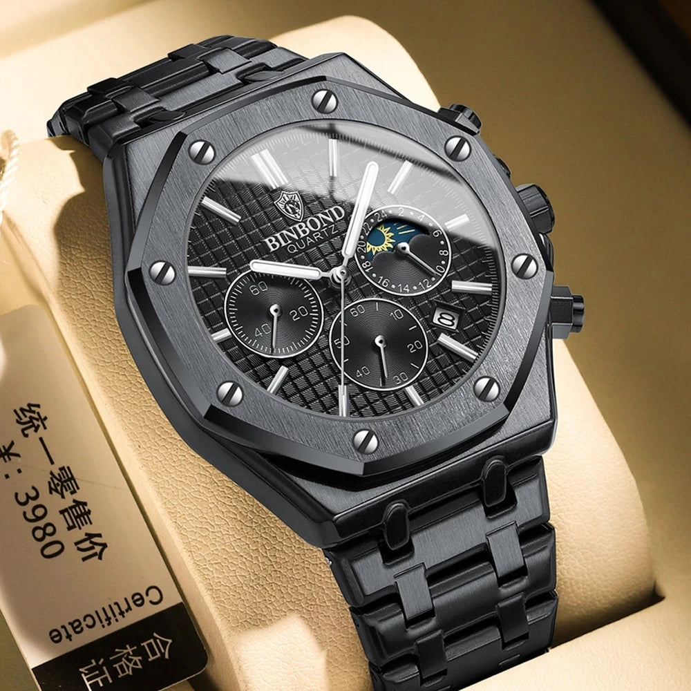 BINBOND B0161 Men's Luxury Luminous Waterproof Stainless Steel Watch