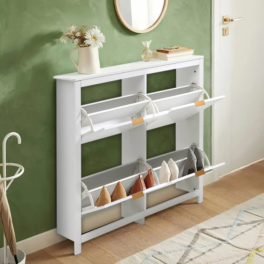Haodirect white 4 compartment flip entrance narrow shoe cabinet, wooden shoe rack,102cm W x 24cm D x 103cm H