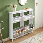 Haodirect white 4 compartment flip entrance narrow shoe cabinet, wooden shoe rack,102cm W x 24cm D x 103cm H