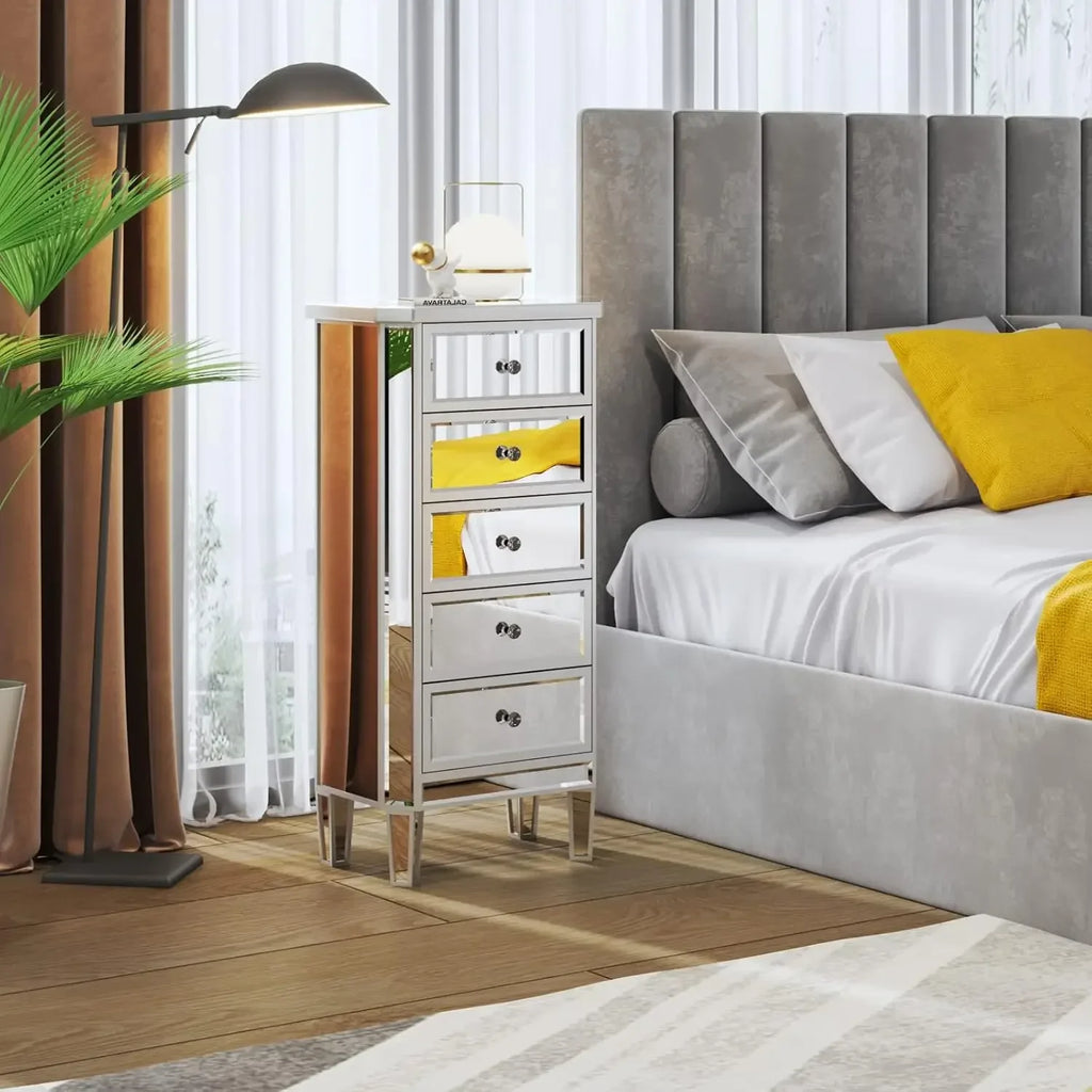 Mirrored Dresser 5 Drawers Modern Chest, Mirrored Chest of Drawers, Glass Dresser for Bedroom, Dressing Room, Living Room,Silver