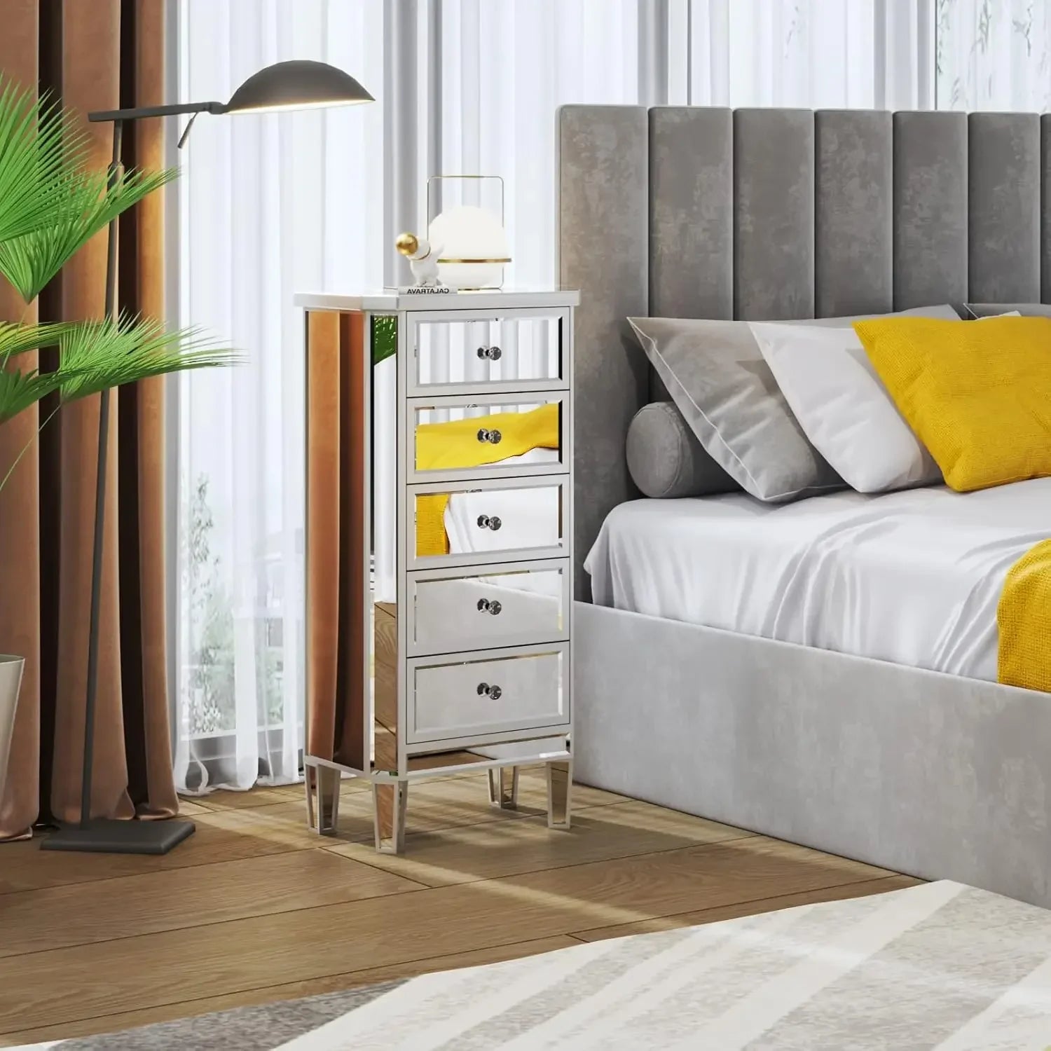 Mirrored Dresser 5 Drawers Modern Chest, Mirrored Chest of Drawers, Glass Dresser for Bedroom, Dressing Room, Living Room,Silver