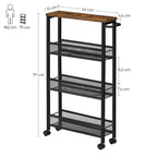 VASAGLE 4-Shelf Trolley, Space-Saving Kitchen Cart with Wheels, Steel Frame, Handle, Trolley for Small Spaces, Kitchen Bathroom