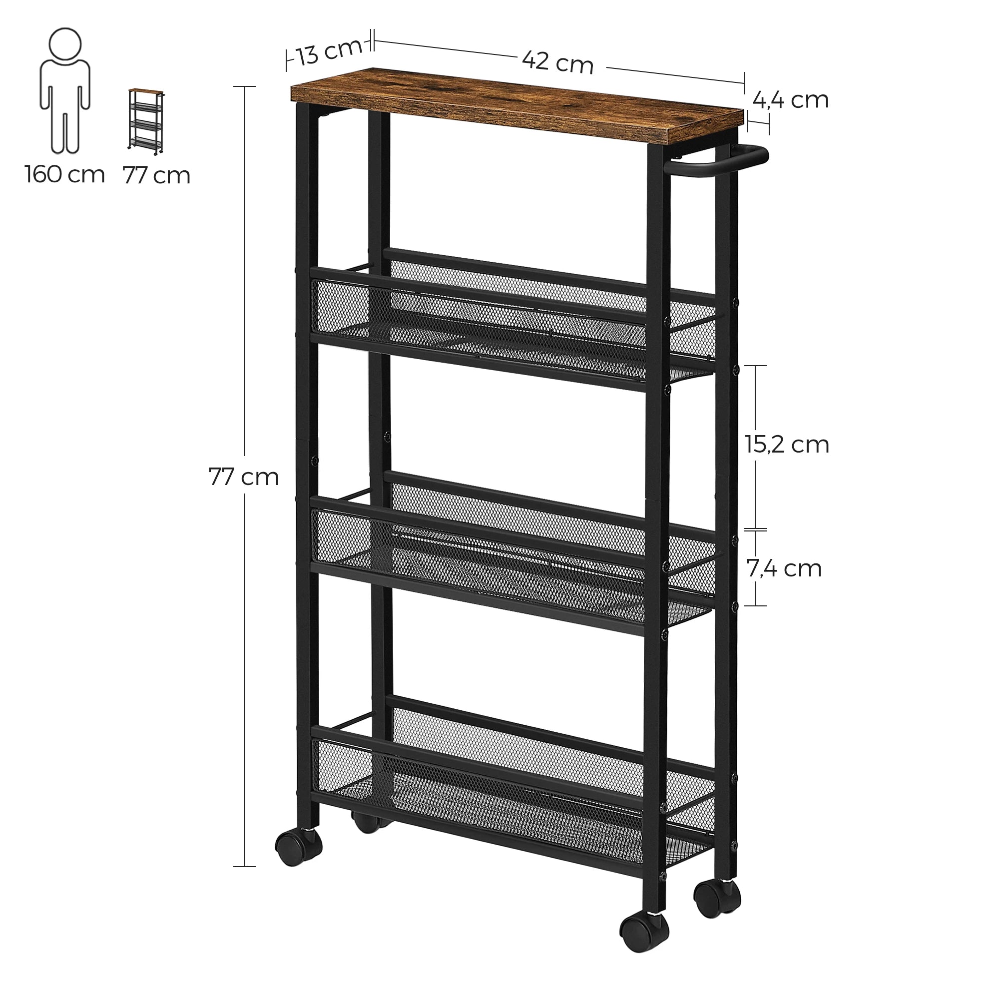 VASAGLE 4-Shelf Trolley, Space-Saving Kitchen Cart with Wheels, Steel Frame, Handle, Trolley for Small Spaces, Kitchen Bathroom