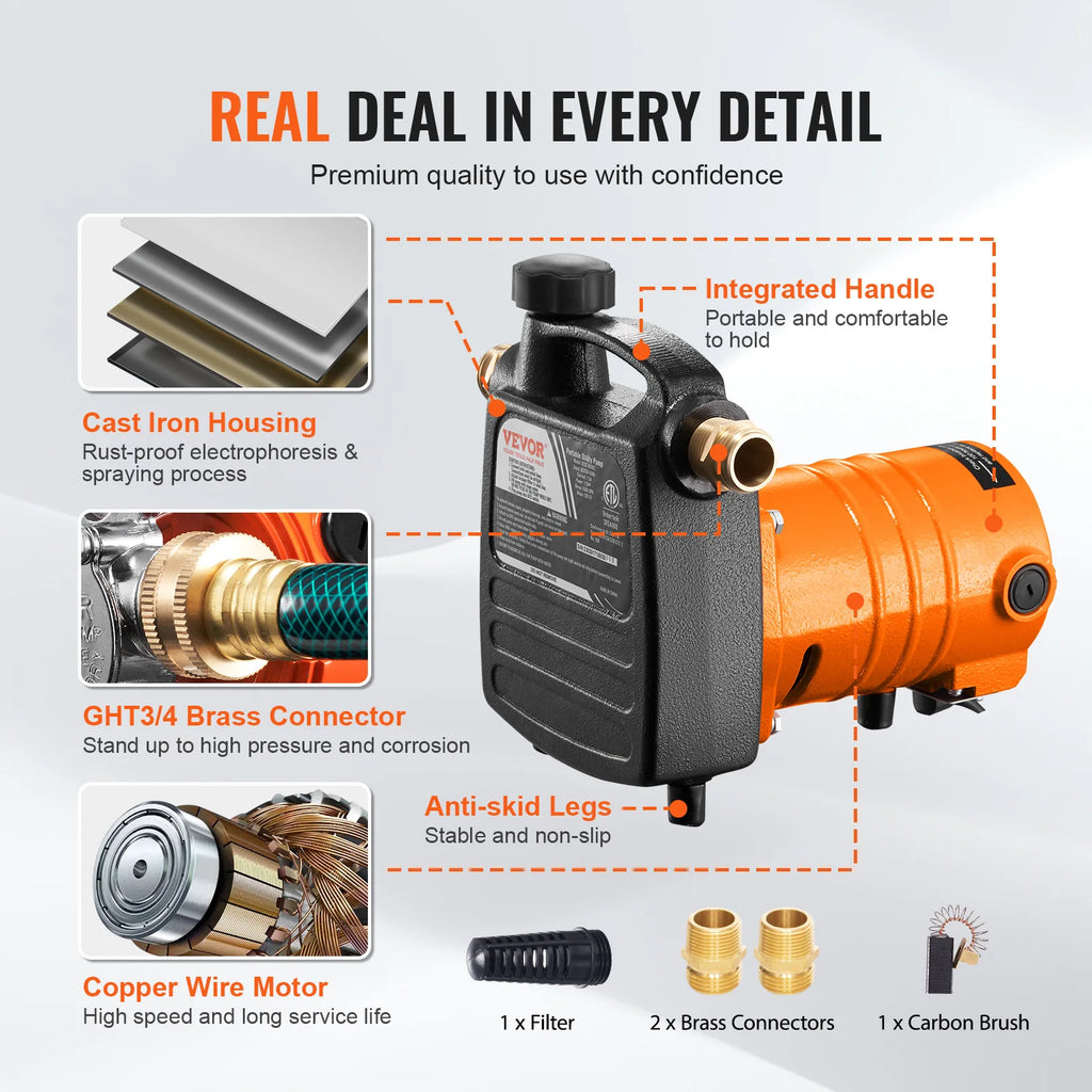 VEVOR Cast Iron Water Transfer Pump 115V AC 1600GPH 1/2HP Portable for Garden, Rain Barrel, Pond, Hot Tub, Aquarium Draining