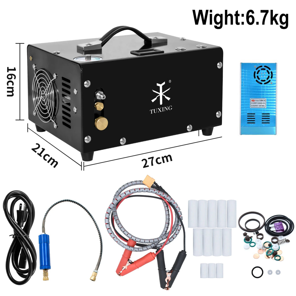 TUXING TXET061 300Bar 12V PCP Air Compressor 4500Psi Portable High Pressure Auto-Stop Compressor with 12V Power Supply PCP Rifle
