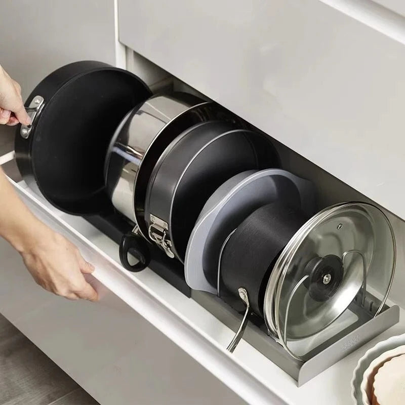 Hot New Pot Lid Storage Rack Cabinet Drawer Cookware Organizer Kitchen Space Saving Shelf Accessory