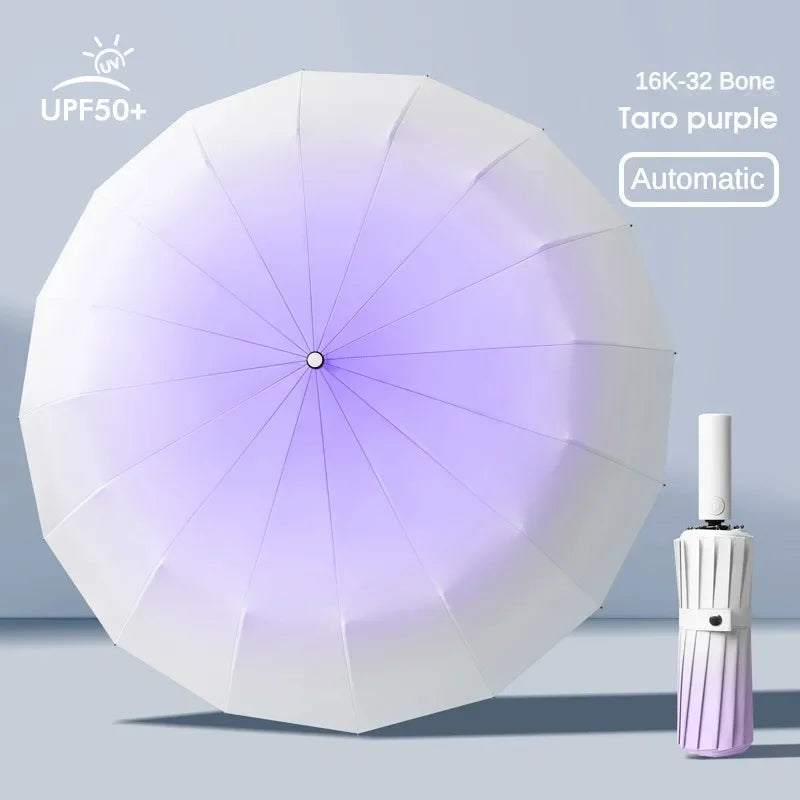 32 Bone Automatic Gradient Color Umbrella for Men Women, Large 3 Fold, Windproof,Waterproof,Sunshade,Sun UV Protection Umbrellas