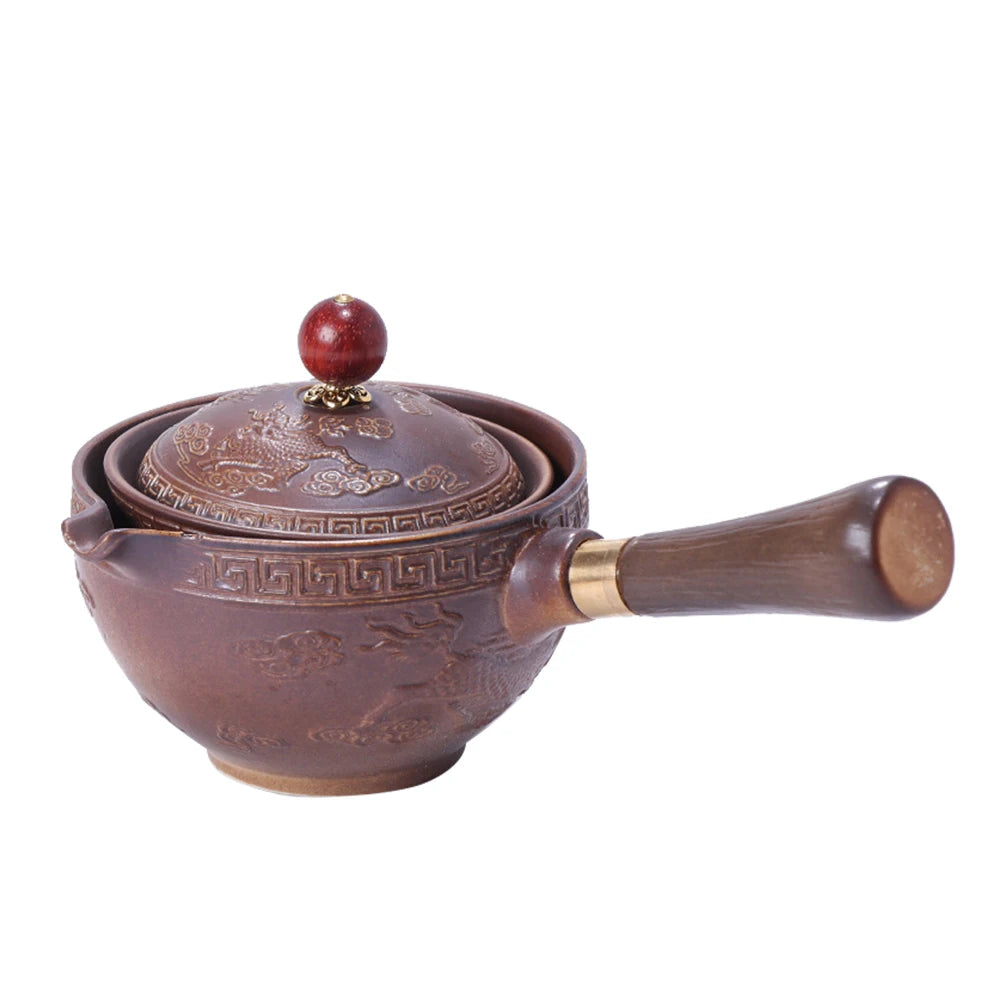 Portable Chinese Gongfu Kung Fu Tea Set 360 Rotating Teapot Ceramic Tea Maker Infuser Wooden Handle Pot Cup for Home Office