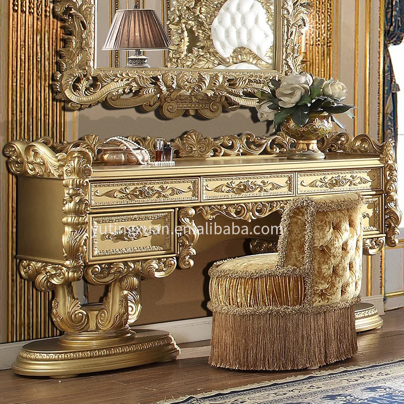European Antique Solid Wood Makeup Vanities Bedroom Dresser Chair with Elegant Old World Design and Mirror for Apartment Use