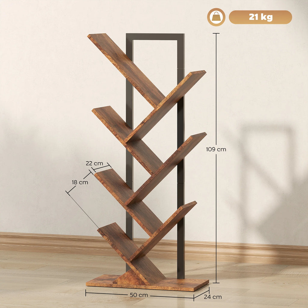 HOMCOM 7-Tier Tree Bookshelf with Steel Frame for Living Room, Rustic Brown