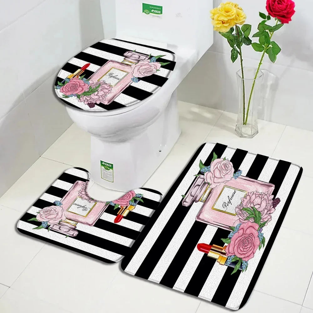 Fashion Perfume Shower Curtain Set Pink Rose Flower Modern Woman Girl Home Bathroom Decor Non Slip Rug Bath Mat Toilet Lid Cover