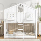 Harper & Bright Designs House Bunk Bed Twin Over Twin Kids Bunk Bed Wood Frame with Roof, Window, Window Box, Door, Safety Guard