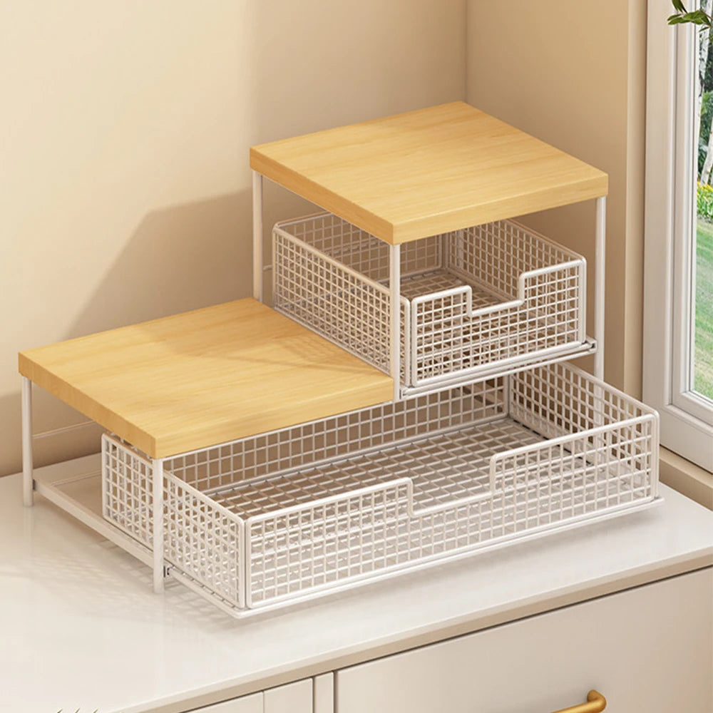 Space-Saving Kitchen Countertop Organizer with Drawer & Wire Basket - Sturdy Hardwood Shelf for Coffee Maker.