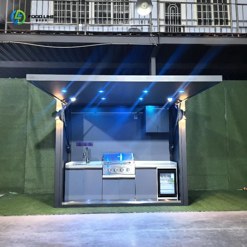 Customized outdoor kitchen cabinet and pergola all-weather kitchen island with built-in grill sink and backyard storage