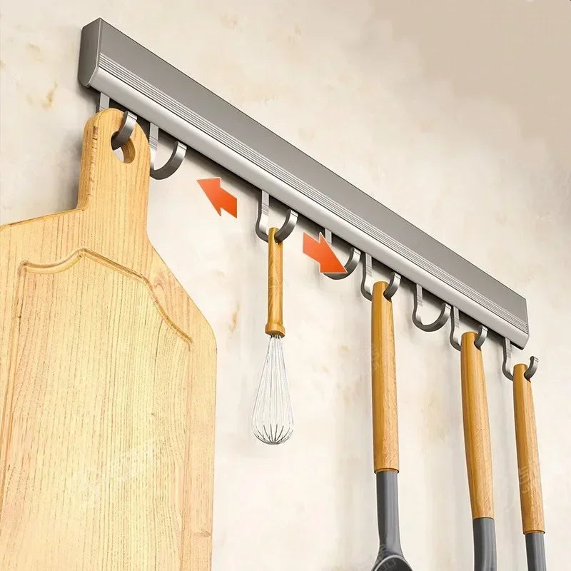 Kitchen Hook Wall Mounted Kitchen Storage Rack Storage Row Hook Holder No Punch Shelves with Movable Hook Kitchen Utensil