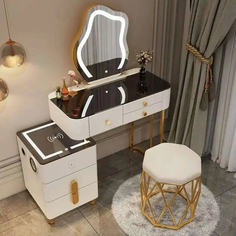 Luxury Glass Dressing Table with Smart Wireless Charging Bedroom Vanity Nightstand Makeup Table Drawers with Led Mirror Dresser