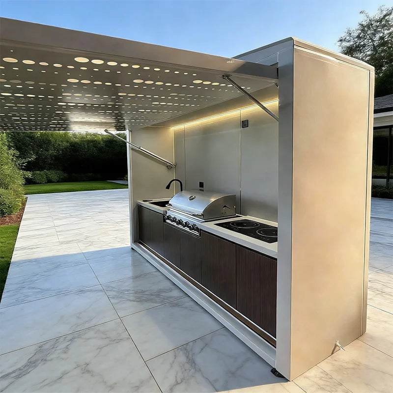 Customized weatherproof outdoor kitchen cabinet with roof, free shipping for outdoor cooking use