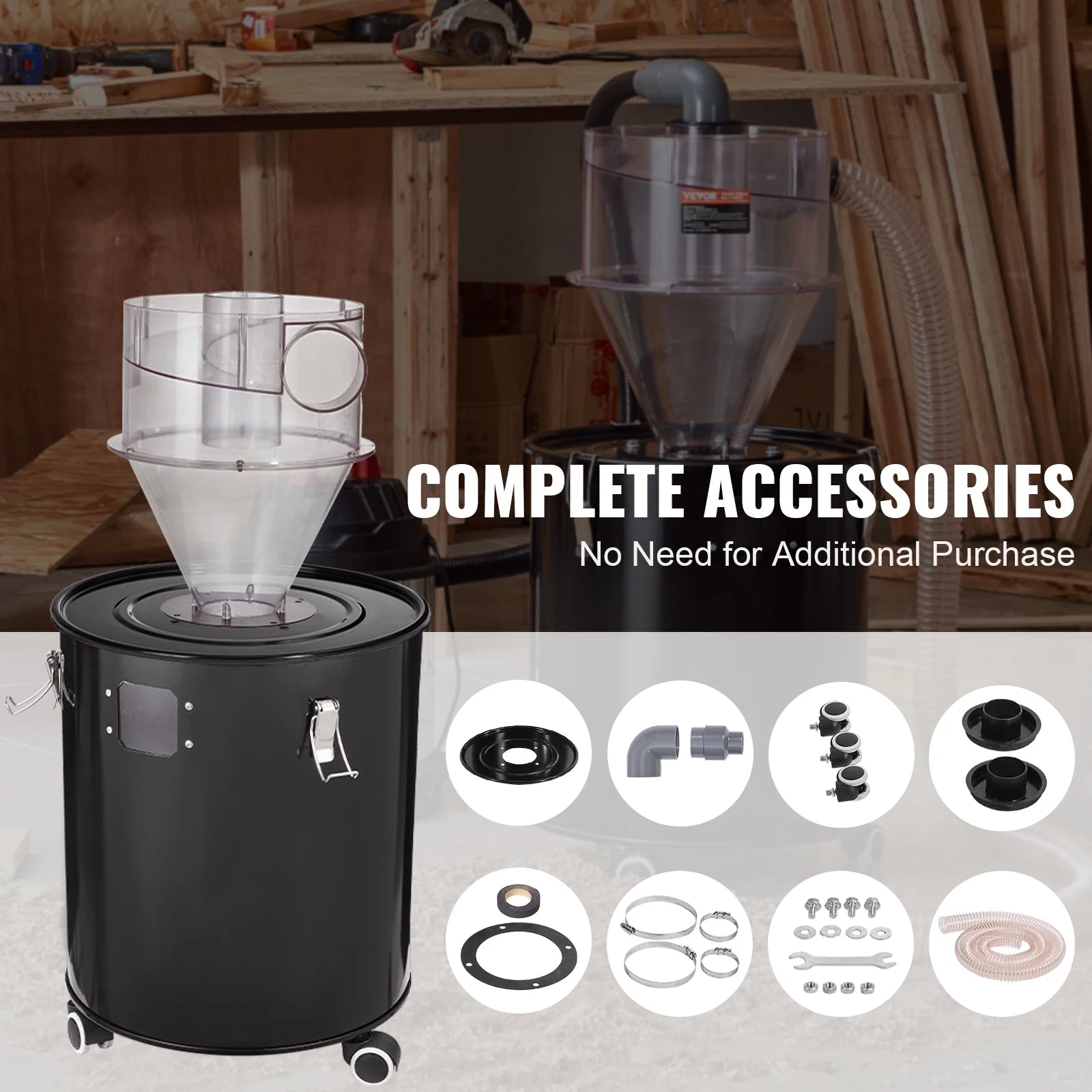 SucceBuy Cyclone Dust Separator with Metal Tank 4" Retrofit Cyclone Separator ABS Dust Deputy With 2" Hole O.D. Connector & Hose