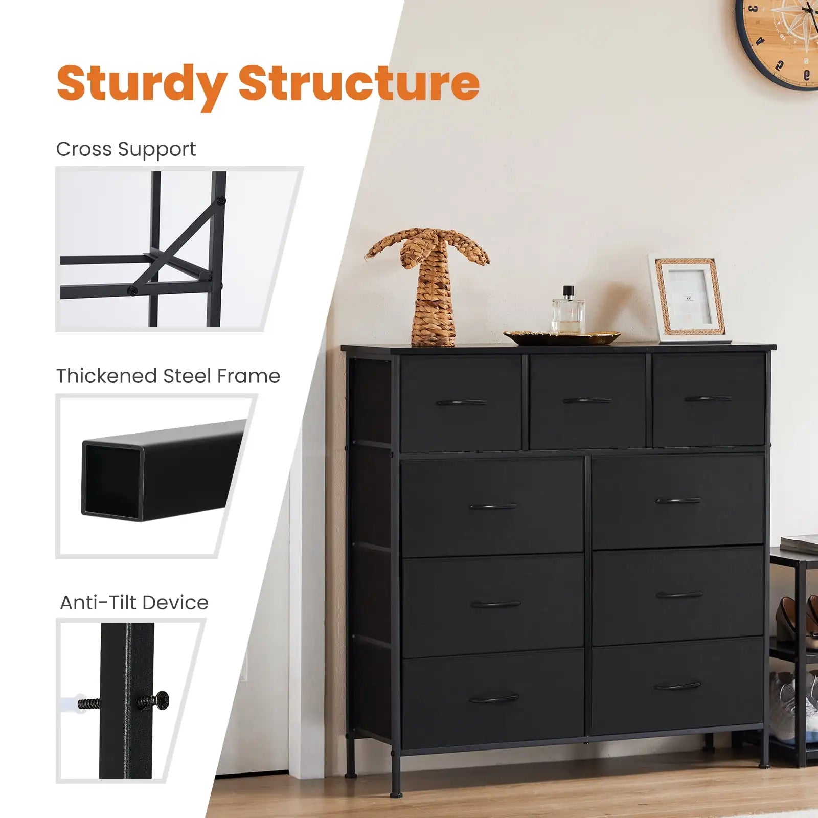 9 Drawers Dresser, Fabric Drawer Cabinet for Home Office, Black