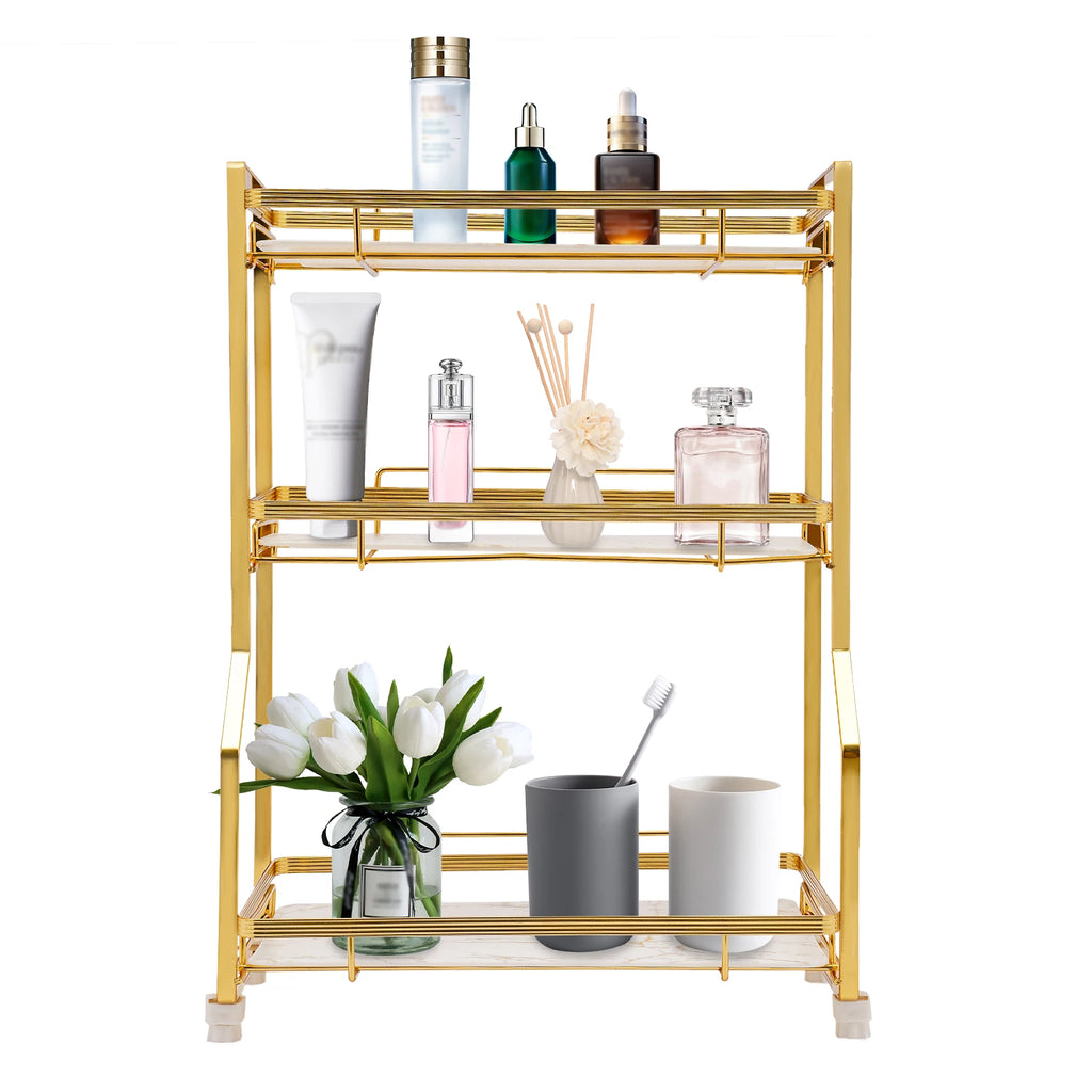 3 Tier Bathroom Countertop Organizer, Gold Bathroom Vanity Counter Organizer with Small Storage Basket for Skincare Makeup