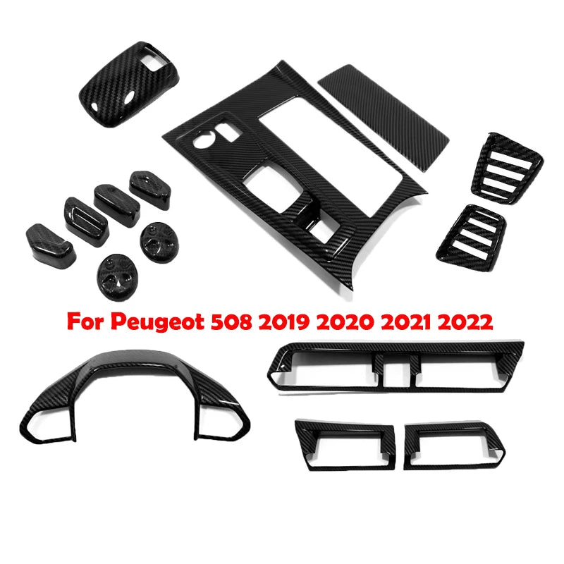 For Peugeot 508 2019 2020 2021 2022 CarbonFiber interior Accessories gear shfit panle steering wheel seat switch Air vent Cover