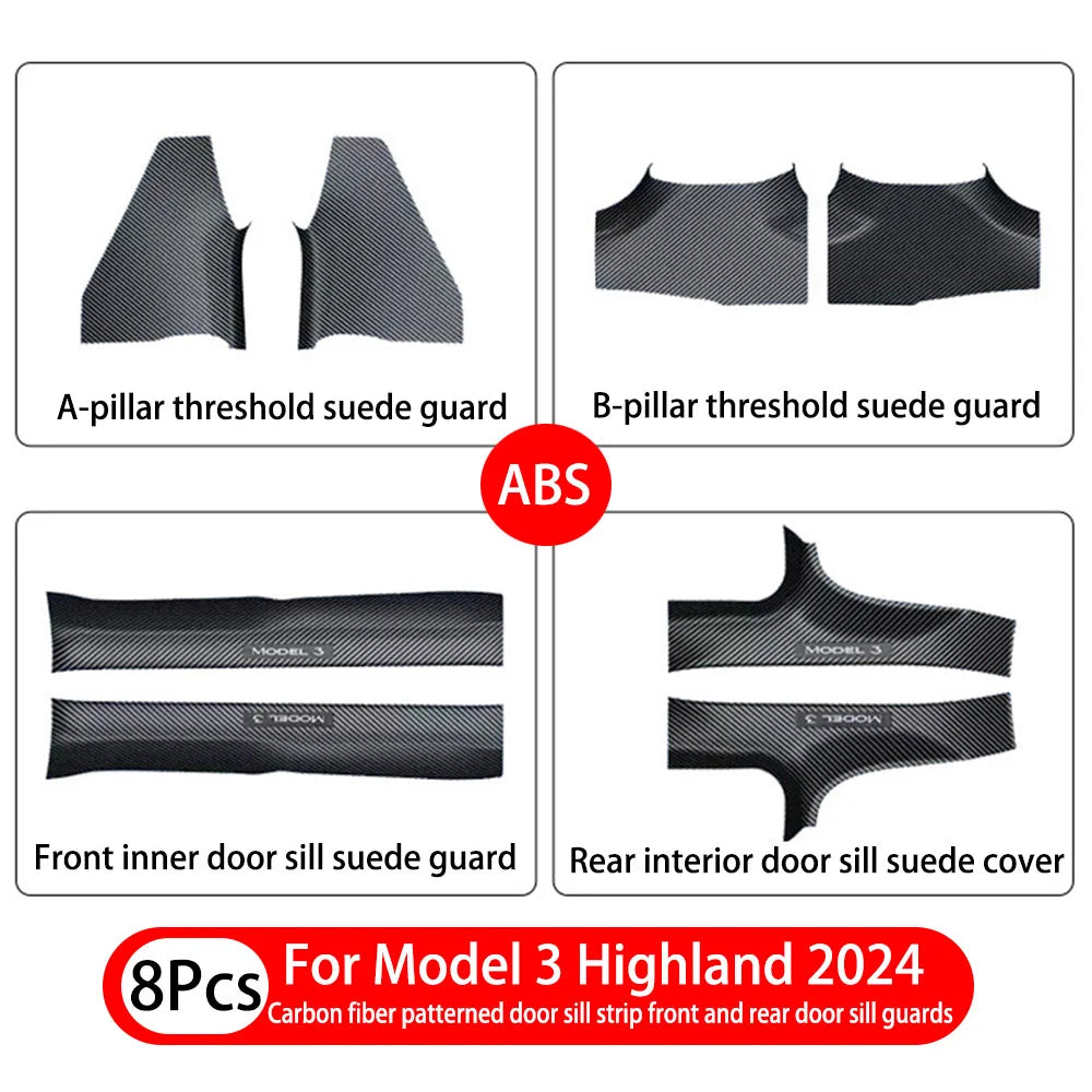 1- 8 Pcs For Tesla Model 3 Highland 2024 ABS Front Rear Door Sill Protector Threshold Strip Anti-kick Guard Panel Waterproof Pad