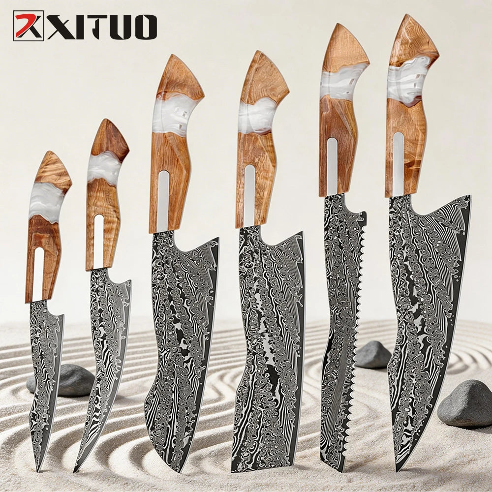 XITUO Premiu Kitchen Knife Set 1-6PCS,Japanese Damascus Steel Chef Knife Set,Chef,Santoku,Nakiri,Bread, Boning&Utility Knives