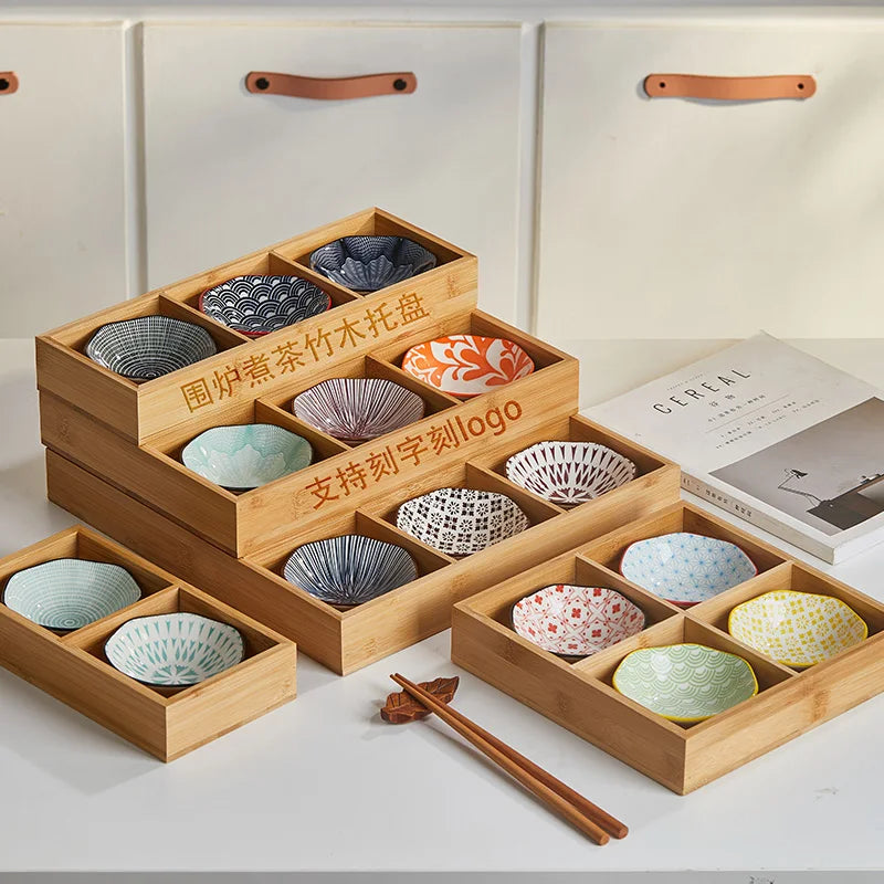 Wooden Tea Cooking Tray Utensils Four  Grids Hot Pot Restaurant Sauce Dish Ceramic Material  Style Fruit Tray
